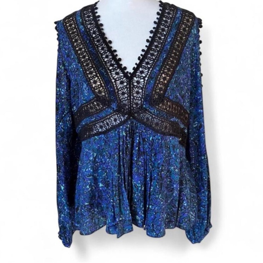 Rebecca Taylor Blue Long-Sleeve Paisley Cold-Shoulder Silk Lace Blouse size 6 - Picture 3 of 10